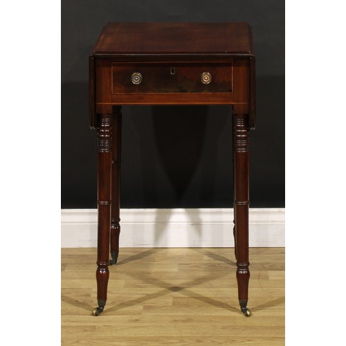 1328 - A George IV mahogany Pembroke-form work table, rounded rectangular top with fall leaves above frieze... 