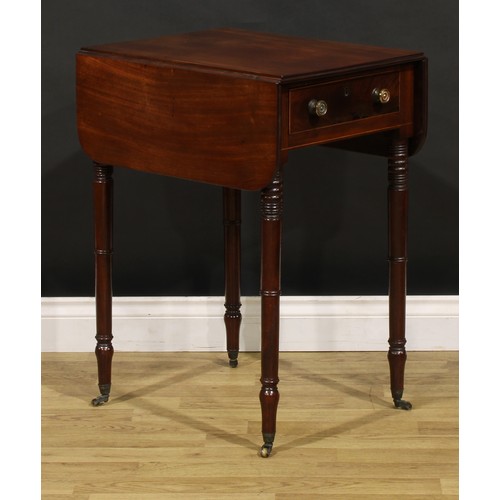 1328 - A George IV mahogany Pembroke-form work table, rounded rectangular top with fall leaves above frieze... 