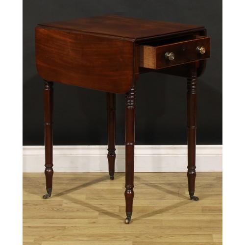 1328 - A George IV mahogany Pembroke-form work table, rounded rectangular top with fall leaves above frieze... 