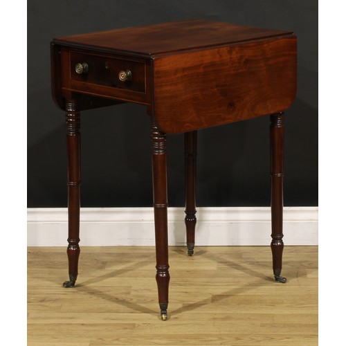 1328 - A George IV mahogany Pembroke-form work table, rounded rectangular top with fall leaves above frieze... 