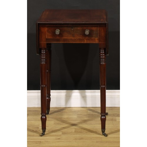 1328 - A George IV mahogany Pembroke-form work table, rounded rectangular top with fall leaves above frieze... 