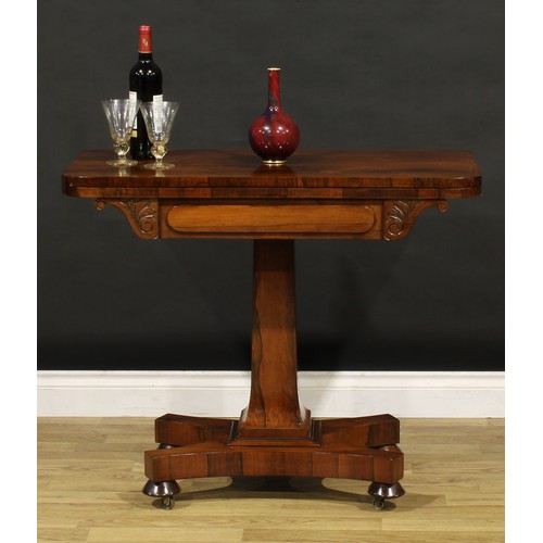 1205 - A George IV rosewood card table, hinged top enclosing a baize lined playing surface, spreading squar... 