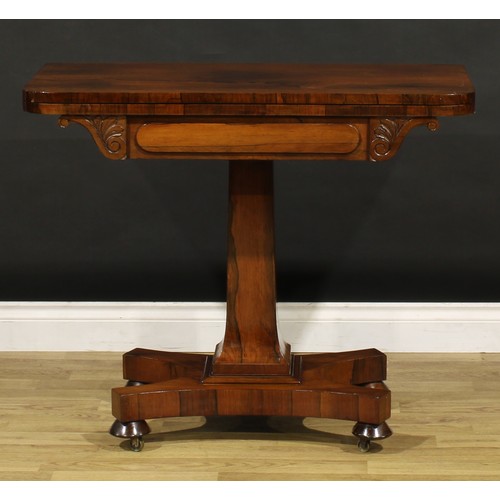 1205 - A George IV rosewood card table, hinged top enclosing a baize lined playing surface, spreading squar... 