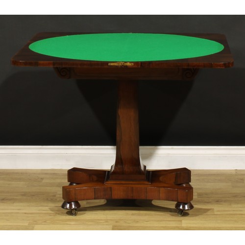 1205 - A George IV rosewood card table, hinged top enclosing a baize lined playing surface, spreading squar... 