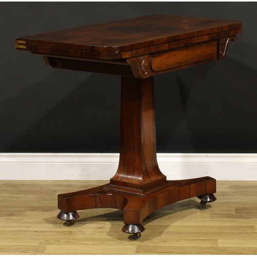 1205 - A George IV rosewood card table, hinged top enclosing a baize lined playing surface, spreading squar... 