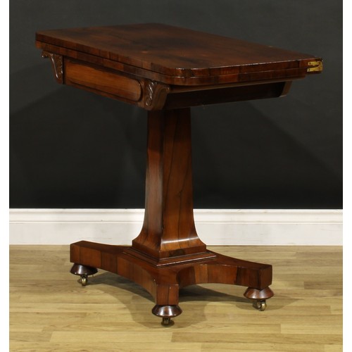 1205 - A George IV rosewood card table, hinged top enclosing a baize lined playing surface, spreading squar... 