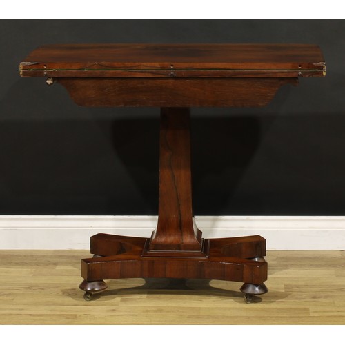 1205 - A George IV rosewood card table, hinged top enclosing a baize lined playing surface, spreading squar... 