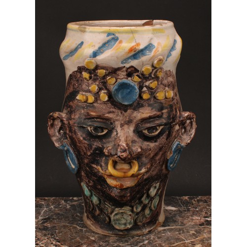 15 - A Sicilian maiolica anthropomorphic vase, probably Caltagirone, of a woman of African descent, 39cm ... 