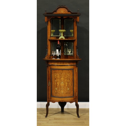 1271 - A Sheraton Revival rosewood and ivorine marquetry open corner vitrine, arched cresting above a shelf... 