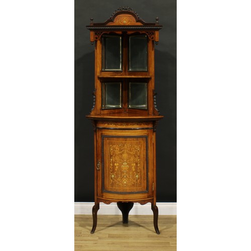 1271 - A Sheraton Revival rosewood and ivorine marquetry open corner vitrine, arched cresting above a shelf... 