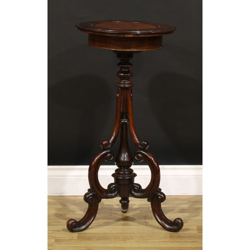 1864 - A Victorian rosewood tripod bloom table or aspidistra stand, circular top with later removable cover... 