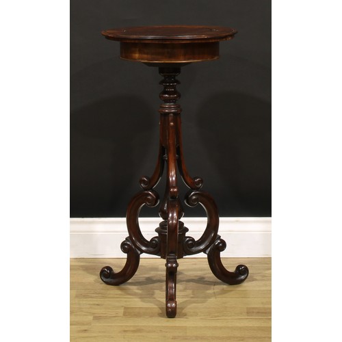 1864 - A Victorian rosewood tripod bloom table or aspidistra stand, circular top with later removable cover... 