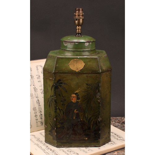 1260 - Interior Design - a 19th century toleware octagonal tea cannister, in the chinoiserie taste, later f... 