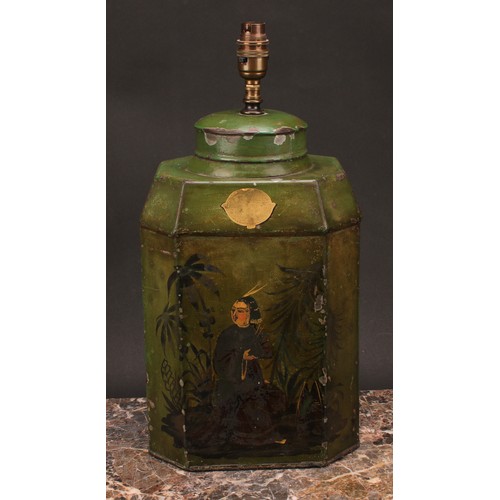 1260 - Interior Design - a 19th century toleware octagonal tea cannister, in the chinoiserie taste, later f... 