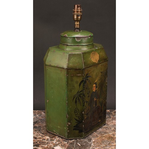 1260 - Interior Design - a 19th century toleware octagonal tea cannister, in the chinoiserie taste, later f... 