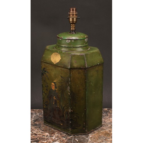 1260 - Interior Design - a 19th century toleware octagonal tea cannister, in the chinoiserie taste, later f... 