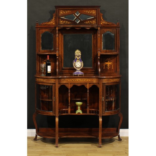 1200 - A late Victorian rosewood and marquetry parlour cabinet, shaped back with shelves and bevelled mirro... 