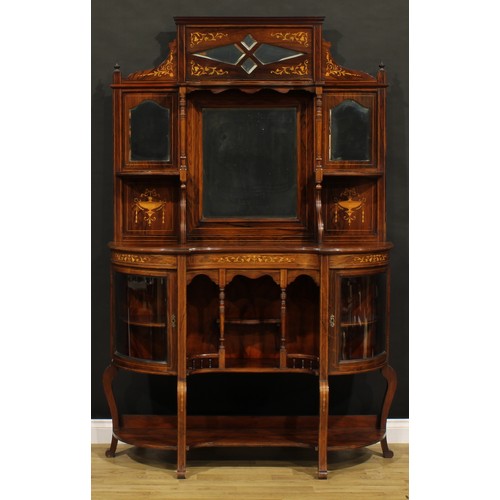 1200 - A late Victorian rosewood and marquetry parlour cabinet, shaped back with shelves and bevelled mirro... 