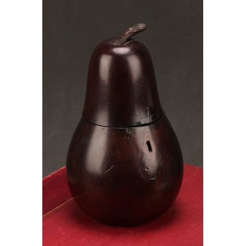 1378 - Treen - a novelty tea caddy, as a pear, the hinged cover with stalk finial, 17cm high