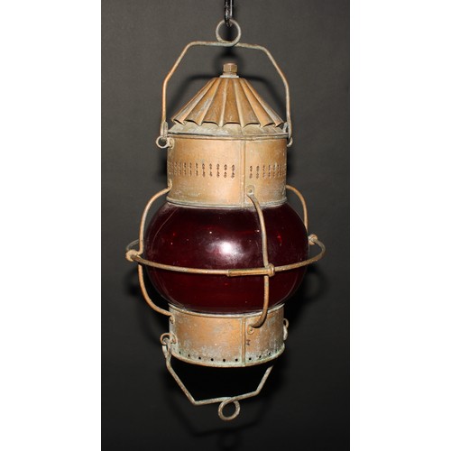 1177 - A Davy & Co London Ltd. ship's cabin oil lantern, the hinged conical cover enclosing a later lamp so... 