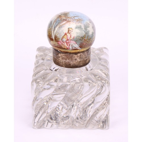 1907 - An early 20th century Austrian enamel mounted inkwell, the domed hinged cover depicting a maiden sit... 