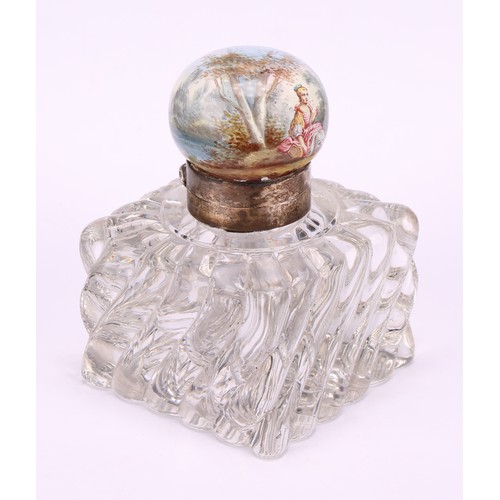 1907 - An early 20th century Austrian enamel mounted inkwell, the domed hinged cover depicting a maiden sit... 