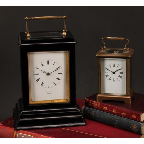 1218 - A French ebonised carriage type mantel timepiece, late 19th century, four-glass case with brass swin... 