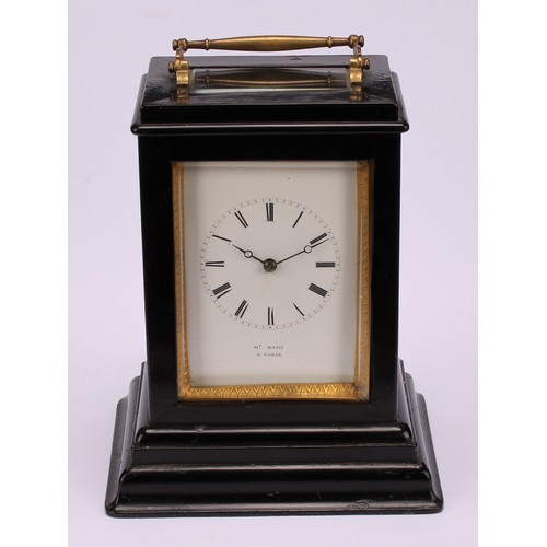 1218 - A French ebonised carriage type mantel timepiece, late 19th century, four-glass case with brass swin... 