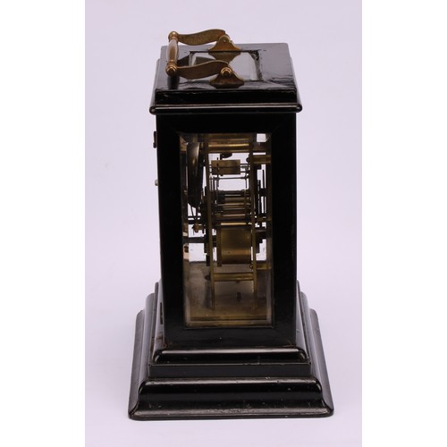 1218 - A French ebonised carriage type mantel timepiece, late 19th century, four-glass case with brass swin... 