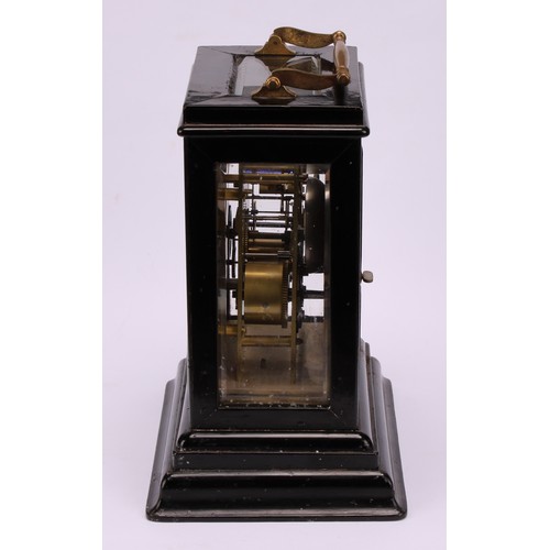 1218 - A French ebonised carriage type mantel timepiece, late 19th century, four-glass case with brass swin... 