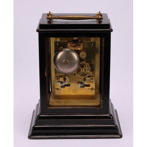 1218 - A French ebonised carriage type mantel timepiece, late 19th century, four-glass case with brass swin... 