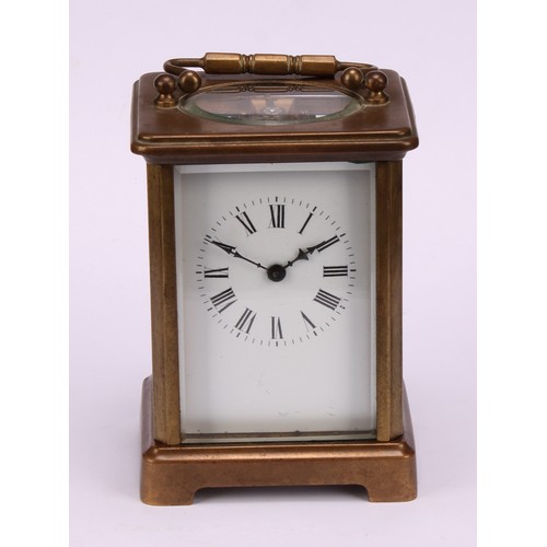 1218 - A French ebonised carriage type mantel timepiece, late 19th century, four-glass case with brass swin... 