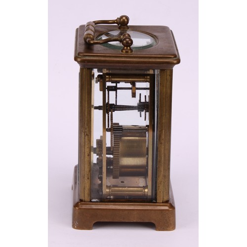 1218 - A French ebonised carriage type mantel timepiece, late 19th century, four-glass case with brass swin... 