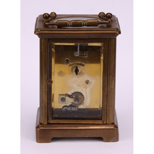 1218 - A French ebonised carriage type mantel timepiece, late 19th century, four-glass case with brass swin... 