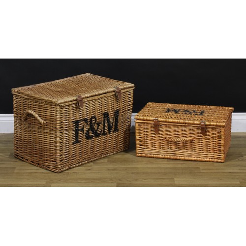 135 - A large Fortnum & Mason wicker two-handled hamper, 39.5cm high, 58cm wide excluding handles; another... 