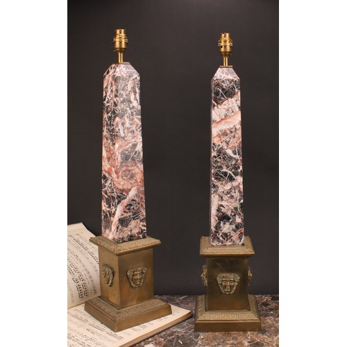 1249 - A pair of Neo-Classical style bronze and marble obelisk table lamps, black and red marble obelisk, m... 