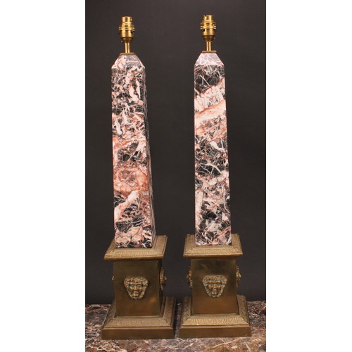 1249 - A pair of Neo-Classical style bronze and marble obelisk table lamps, black and red marble obelisk, m... 