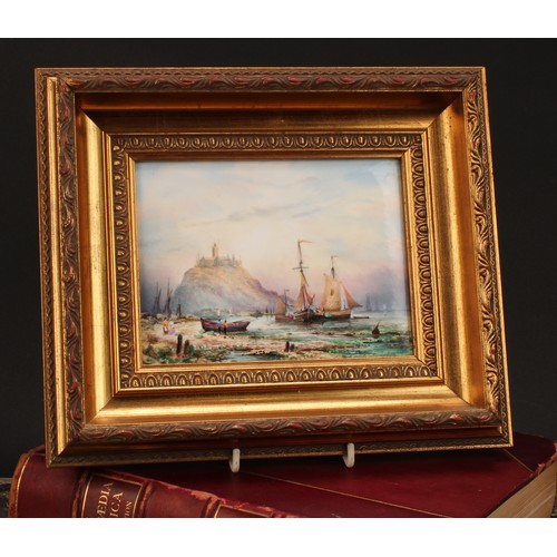 124 - An English porcelain rectangular plaque, possibly Lynton, painted by Stefan Nowacki, signed, Sailing... 