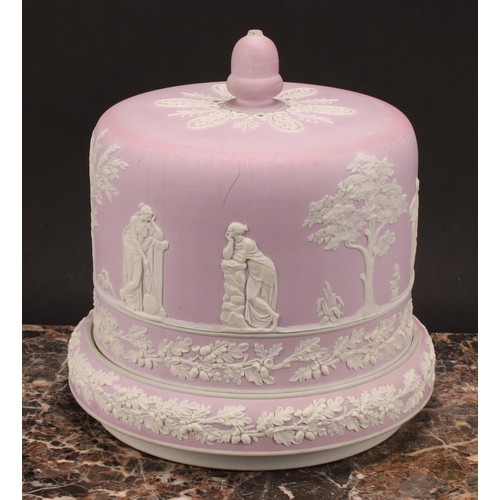 11 - A late Victorian lilac pink jasperware cheese dome, applied with Classical figures, trees and bands ... 