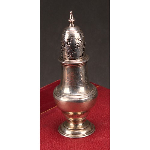 623 - A George II baluster sugar caster, pierced domed cover, spire finial, engraved with a jackal crest, ... 