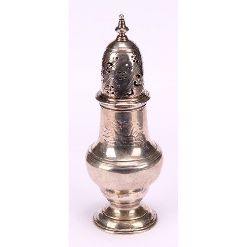 623 - A George II baluster sugar caster, pierced domed cover, spire finial, engraved with a jackal crest, ... 