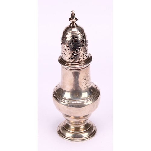 623 - A George II baluster sugar caster, pierced domed cover, spire finial, engraved with a jackal crest, ... 