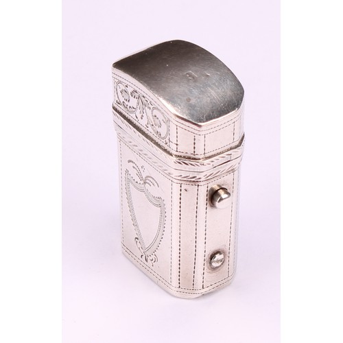 637 - A George III silver etui, hinged domed cover, closing with a button, engraved with leafy scrolls, va... 