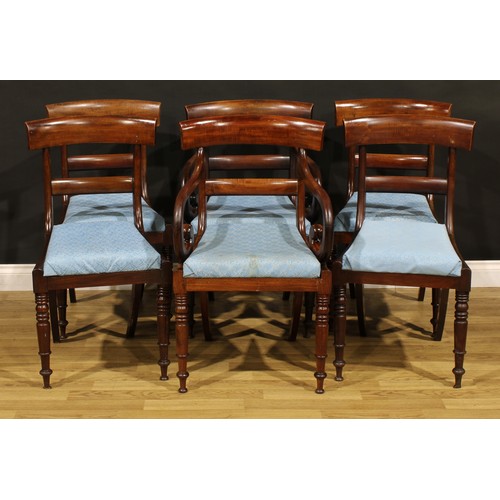 1268 - A set of six George IV mahogany bar-back dining chairs, comprising four side chairs and a pair of ca... 