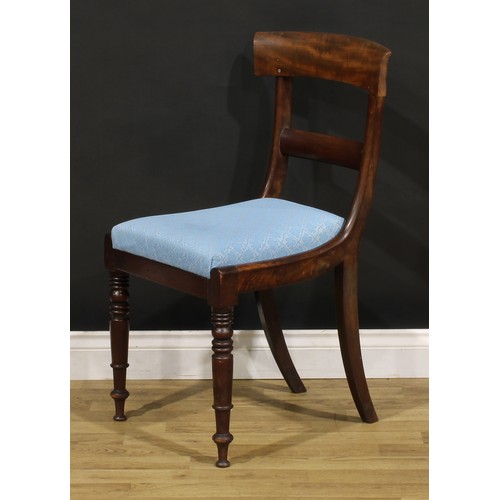 1268 - A set of six George IV mahogany bar-back dining chairs, comprising four side chairs and a pair of ca... 