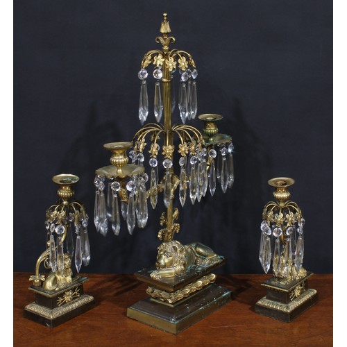 1567 - A 19th century gilt and brown patinated bronze candle lustre garniture, each cast and applied with a... 