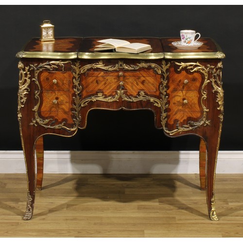 1380 - A 19th century French gilt metal mounted fruitwood and marquetry coiffeuse, in the Louis XV taste, t... 