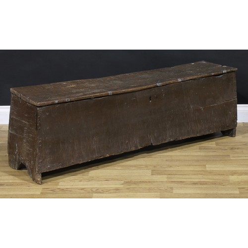 1312 - A 16th century oak six-plank sword chest, hinged cover, 42.5cm high, 136cm wide, 34cm deep