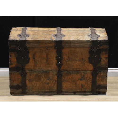 1486 - A 19th century metal bound pine chest, possibly German, hinged top, carry handles to sides, 75.5cm h... 