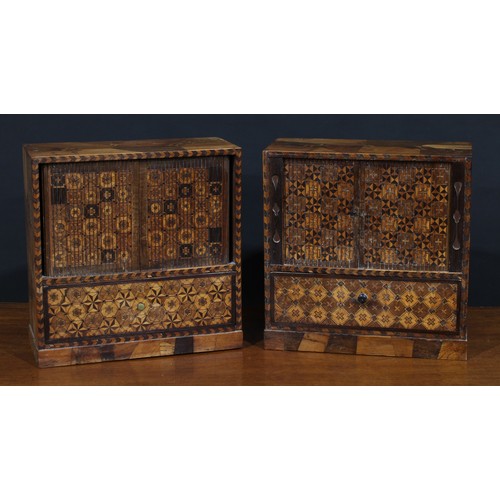 259 - An associated pair of Japanese yosegi-zaiku parquetry chatanzu or table-top cabinet, possibly Hakone... 